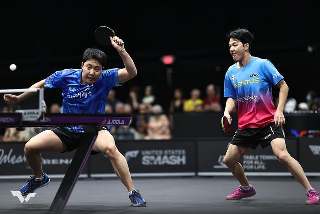 WTT 미국 스매시 경기에 나선 임종훈(왼쪽)과 안재현