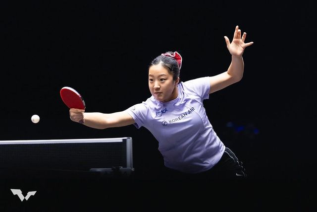 신유빈의 WTT 미국 스매시 경기 장면