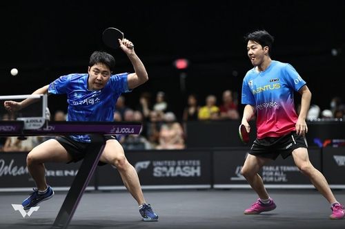 WTT 미국 스매시 경기에 나선 임종훈(왼쪽)과 안재현