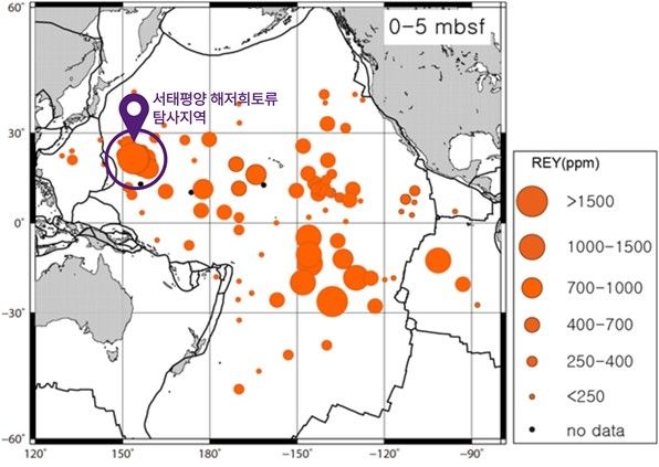 태평양 159개 해역에서 확보한 해저 희토류 농도 분포 지도 