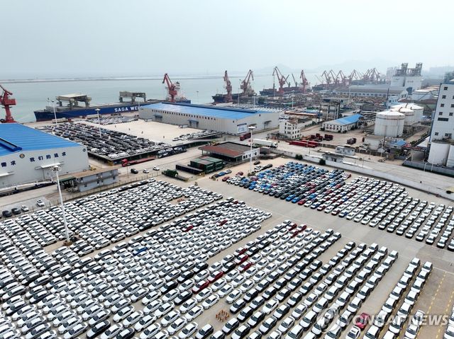 중국 동부 장쑤성 롄윈강시에서 수출 대기 중인 자동차들