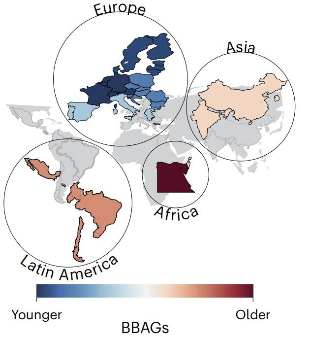 대륙별 생물학적 나이-실제 나이 차이(BBAG)