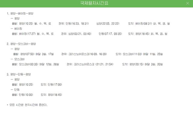 북한이 게시한 '국제열차시간표'