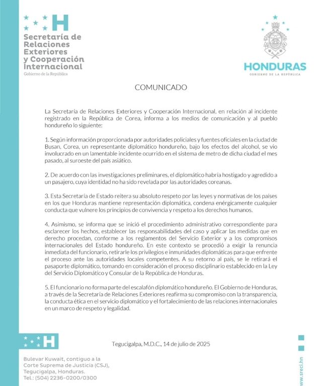'한국서 범죄 혐의' 외교관 면책특권 박탈 결정 내용 담은 온두라스 외교부 보도자료