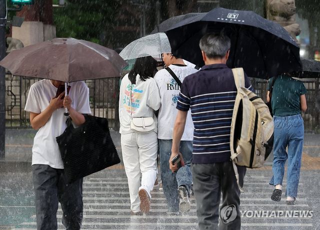 우산 쓰고 횡단보도 지나는 시민들