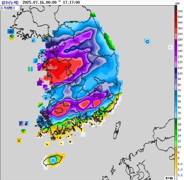 16일부터 17일 오후 5시까지 누적 강수량. [기상청 제공. 재판매 및 DB 금지]