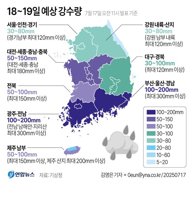 [그래픽] 18~19일 예상 강수량
