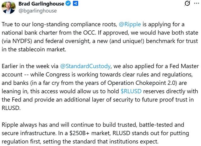 브래드 갈링하우스 리플랩스 최고경영자(CEO)의 엑스 게시글