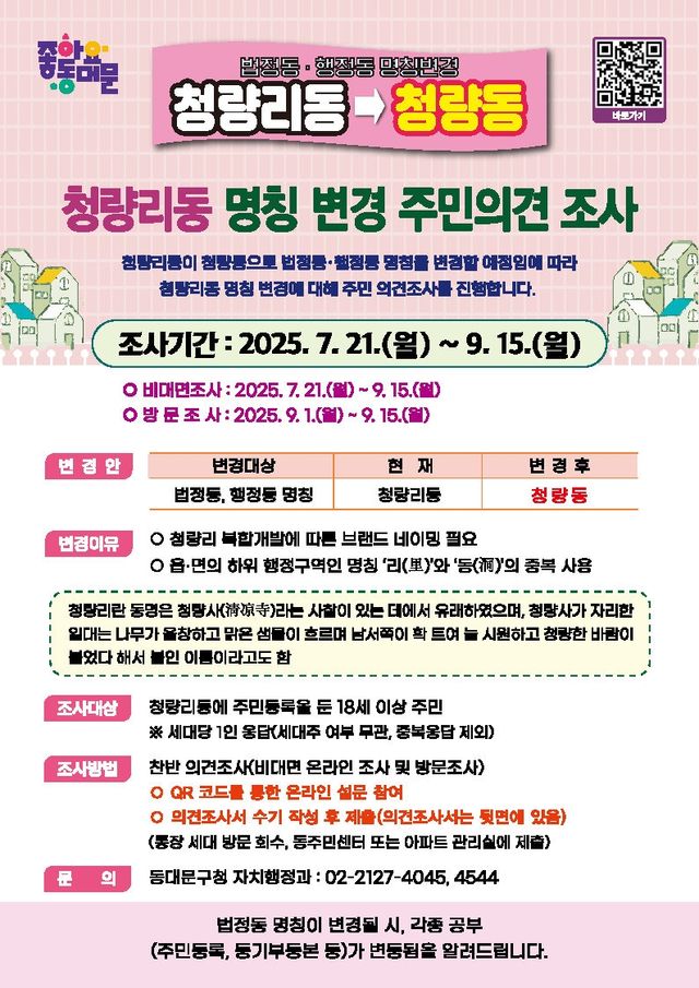 청량리동 명칭 변경 주민의견조사