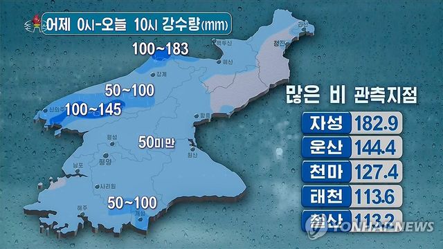 북한, 자강도 북부에 폭우 중급경보 발령