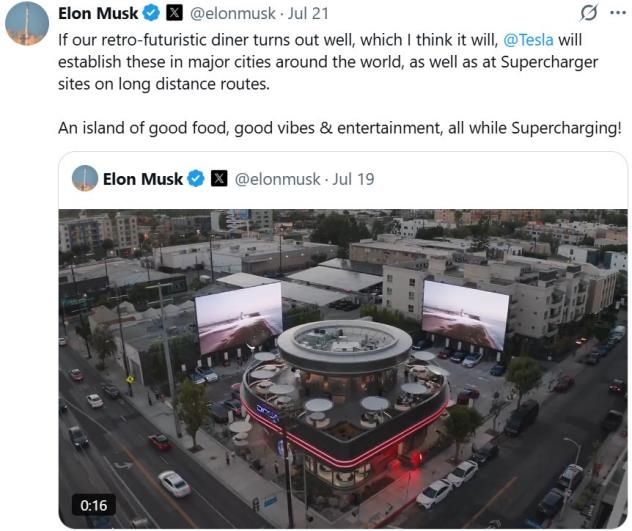 일론 머스크가 엑스에 올린 테슬라 '다이너' 관련 게시물