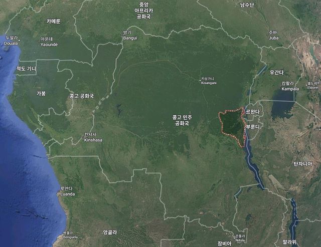 콩고민주공화국 남키부주(빨간 점선)