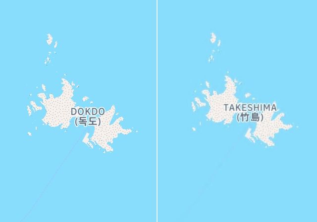 한국 검색 시 '독도'(왼쪽), 일본 검색 시 '다케시마'로 나오는 인스타그램 지도