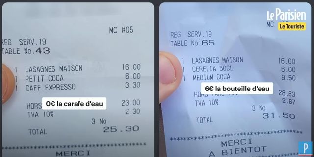 외국인 관광객으로 위장한 손님(오른쪽)에게 더 비싼 9.5유로짜리 콜라와 유료 생수를 제공한 파리의 한 식당 영수증.[르파리지앵 유튜브 캡처. 재판매 및 DB 금지]