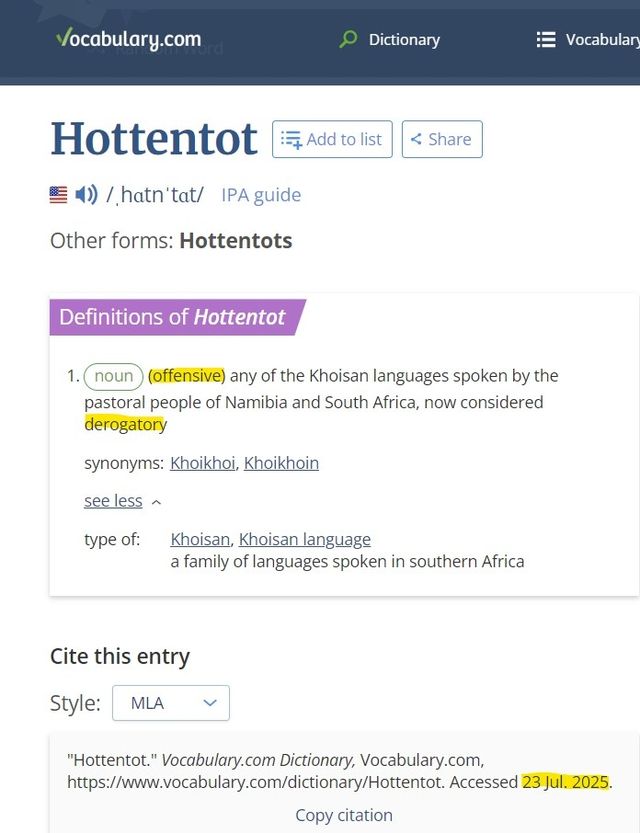 '보캐블러리닷컴(Vocabulary.com)'에서 수정된 'Hottentot(호텐토트)'