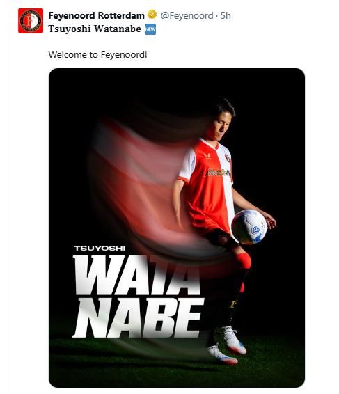 와타나베 쓰요시의 영입을 발표한 페예노르트.