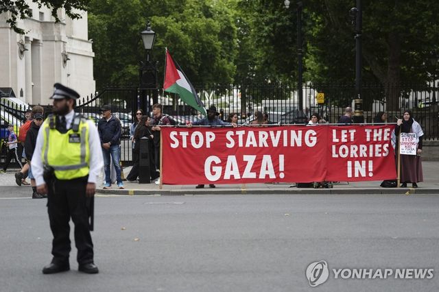 총리실이 있는 런던 다우닝가 앞 시위대