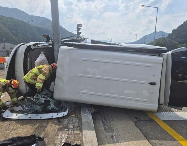 신호등을 들이받고 넘어진 스타리아 승합차