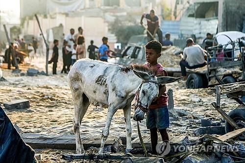 28일 가자지구 폐허 속어린이와 당나귀