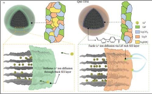개질된 흑연 표면에서의 고체전해질계면층 형성 메커니즘 모식도