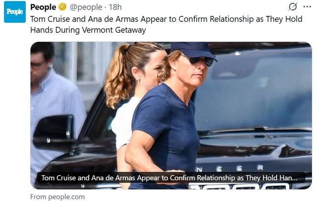 배우 톰 크루즈와 아나 데 아르마스의 '열애 확인' 보도한 피플지의 엑스 게시물 