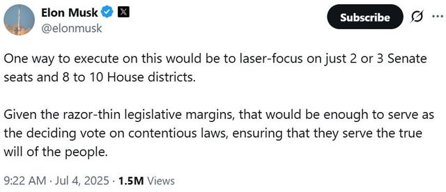 일론 머스크가 올린 신당 창당 관련 글