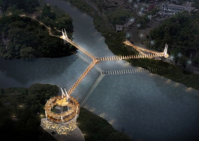 양강섬(좌측상단)·떠드렁섬(좌측하단)·물안개공원을 잇는 Y자형 출렁다리 조감도