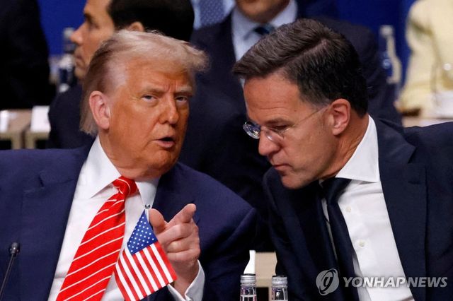 지난달 25일(현지시간) 네덜란드 헤이그에서 열린 북대서양조약기구(NATO·나토) 정상회의에서 대화 중인 트럼프 미국 대통령과뤼터 사무총장