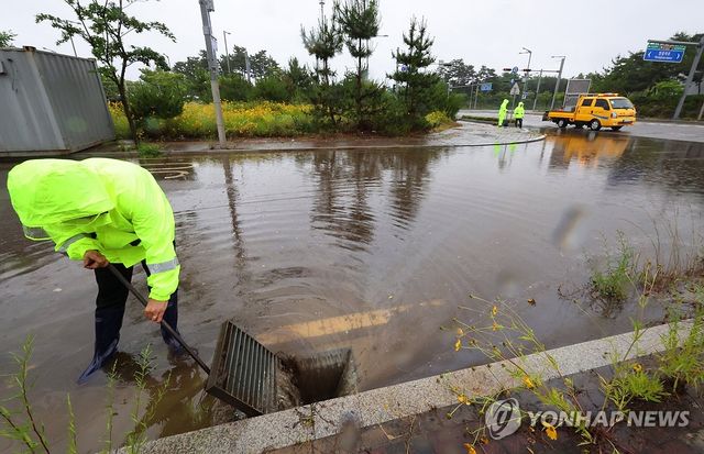 장맛비에 잠긴 도로