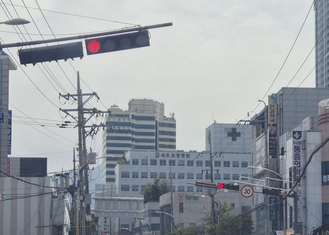 기울어진 속초 시내 신호등