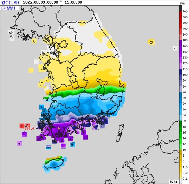 9일부터 11일 오전 8시까지 누적 강수량 분포. [기상청 제공. 재판매 및 DB 금지]