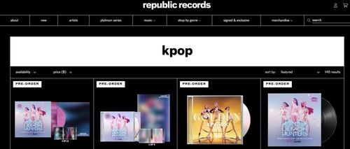 리퍼블릭 레코드 홈페이지에서 'K팝'으로 분류된 '케데헌' OST 앨범