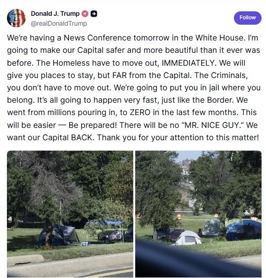 노숙자 퇴거를 예고한 트럼프 대통령의 트루스소셜 게시물 