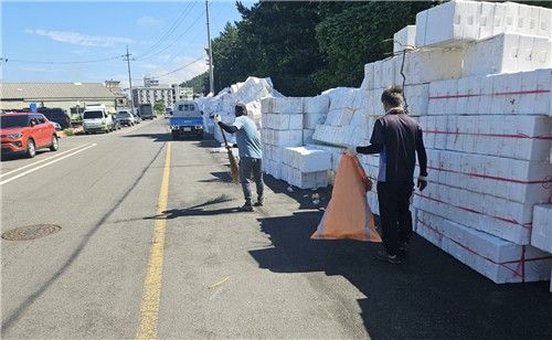 태안 신진항에 쌓인 폐스티로폼 상자들