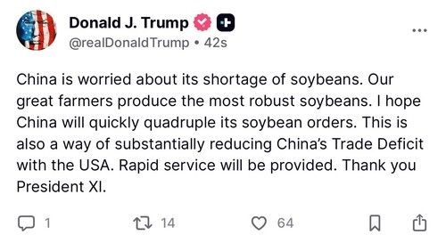 트럼프 "중국이 콩 주문 빨리 4배로 늘리길"