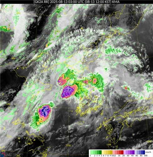 천리안위성 2A호 영상을 활용한 13일 정오 시간당 강우량. [국가기상위성센터 제공. 재판매 및 DB 금지]