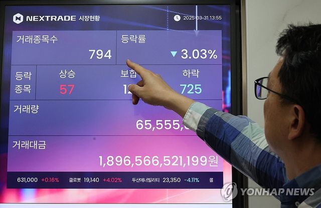 서울 여의도 넥스트레이드 본사 전광판을 짚어보는 시민