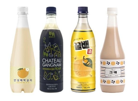 (왼쪽부터) 안성배막걸리, 강남도가 배, 강남도가 꿀배, 건배