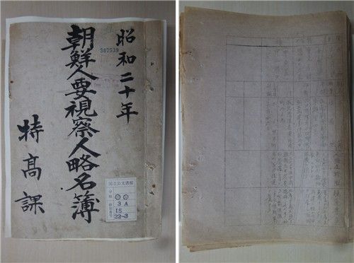 조선인 요시찰인 약명부(왼쪽)와 고(故) 신승혁 선생 관련 기록