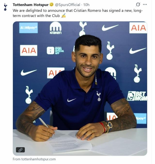 로메로와 계약 연장 소식을 전한 토트넘.