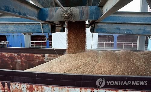 시리아 항구에서 밀 싣는 트럭