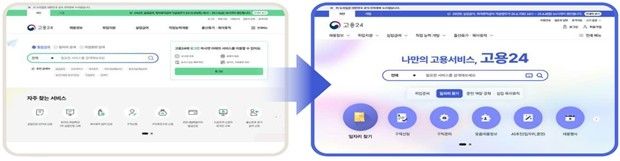 기존 고용24 메인화면(왼쪽) → 개편 메인화면 [노동부 제공. 재판매 및 DB 금지]
