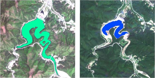 4월 21일(왼쪽)과 8월 17일 오봉저수지 표면적 비교