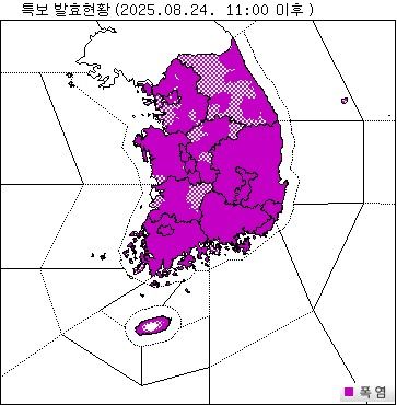 24일 오전 11시 이후 폭염특보 발효 현황. [기상청 제공. 재판매 및 DB 금지]