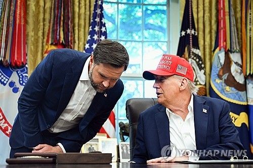 도널드 트럼프 미국 대통령과 대화하는 JD 밴스 미 부통령(왼쪽)