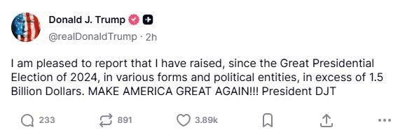 도널드 트럼프 미국 대통령이 27일(현지시간) 사회관계망서비스(SNS) 트루스소셜에 대선 이후 15억 달러 이상을 모금했다고 밝혔다. [트루스소셜 캡처. 재판매 및 DB금지]