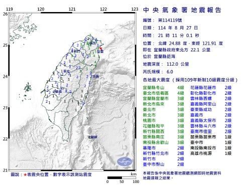 27일 대만 동부 6.0 지진 발생 지역(빨간색 별)