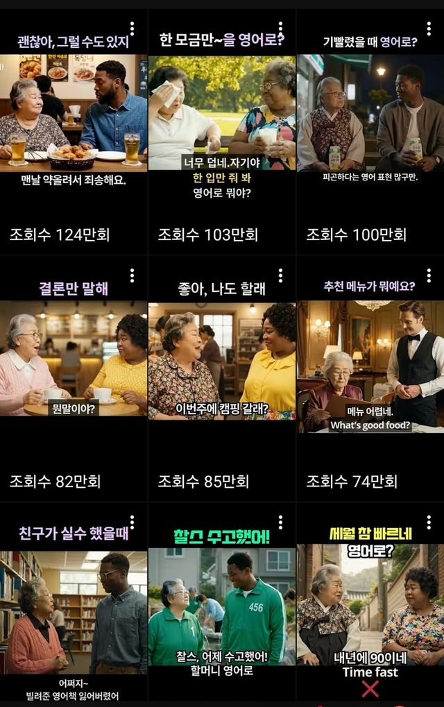 '10초 영어회화' 채널의 AI 영상 목록 [유튜브 캡처]