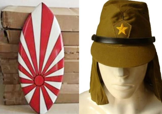 욱일기 문양 보드(왼쪽)와 제2차 세계대전 당시 일본군 모자