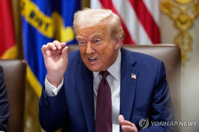 도널드 트럼프 미국 대통령이 지난 26일(현지시간) 백악관에서 열린 국무회의를 주재하고 있다. 트럼프 대통령은 이 회의에서 자신을 '독재자'라고 비판하는 사람들이 있다면서 "나는 독재자가 아니다"라고 반박했다. [EPA=연합뉴스 자료사진]